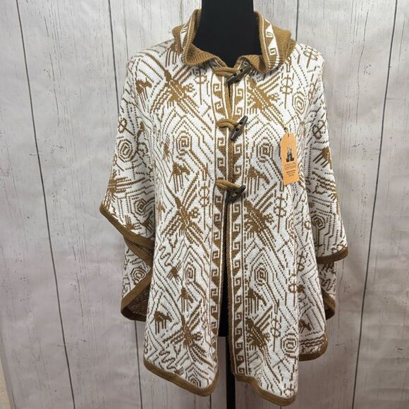 Alpaca Fina Alpaca Wool Toggle Button Tan Hooded Nazca Lines Design Poncho Cozy - Picture 1 of 16